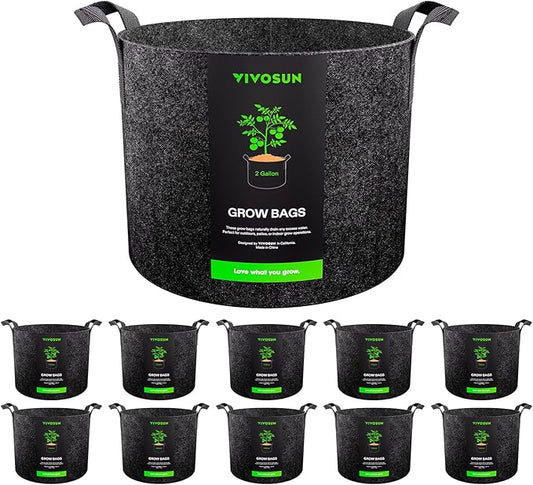 VIVOSUN 10-Pack 2 Gallon Grow Bags, Reinforced Planter Fabric Pots for Gardening Black