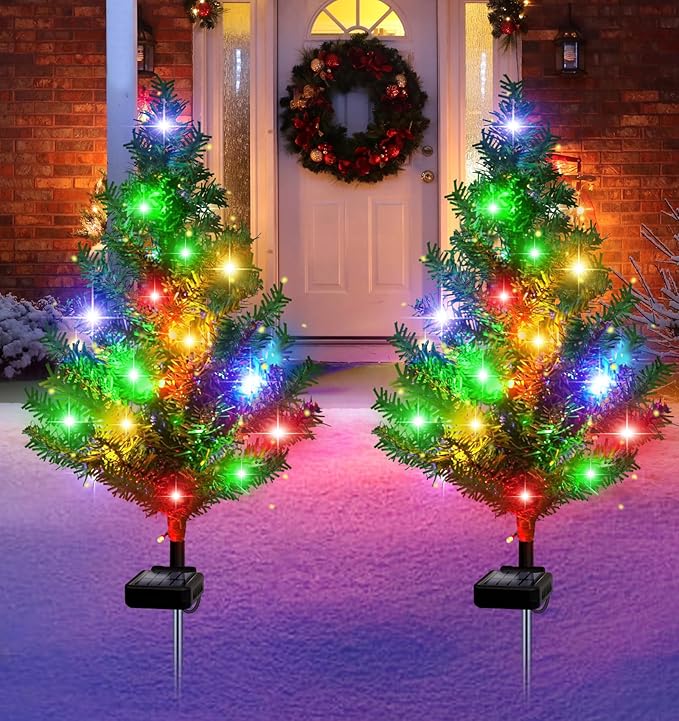 Solar Christmas Tree Outdoor Decor, Waterproof Solar Xmas Decorations Garden Stake Lights, Multi-Color LED Artificial Prelit Christmas Décor for Outside Landscape Pathway Porch Yard Holiday (4 pcs)