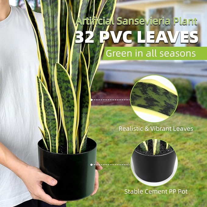 KOL 3ft 2PCS Artificial Snake Plant, 32 PVC Lifelike Leaves, 35in Faux Sansevieria for Indoor Home & Garden Decor, Potted Mother-in-Law's Tongue Plants, Yellow