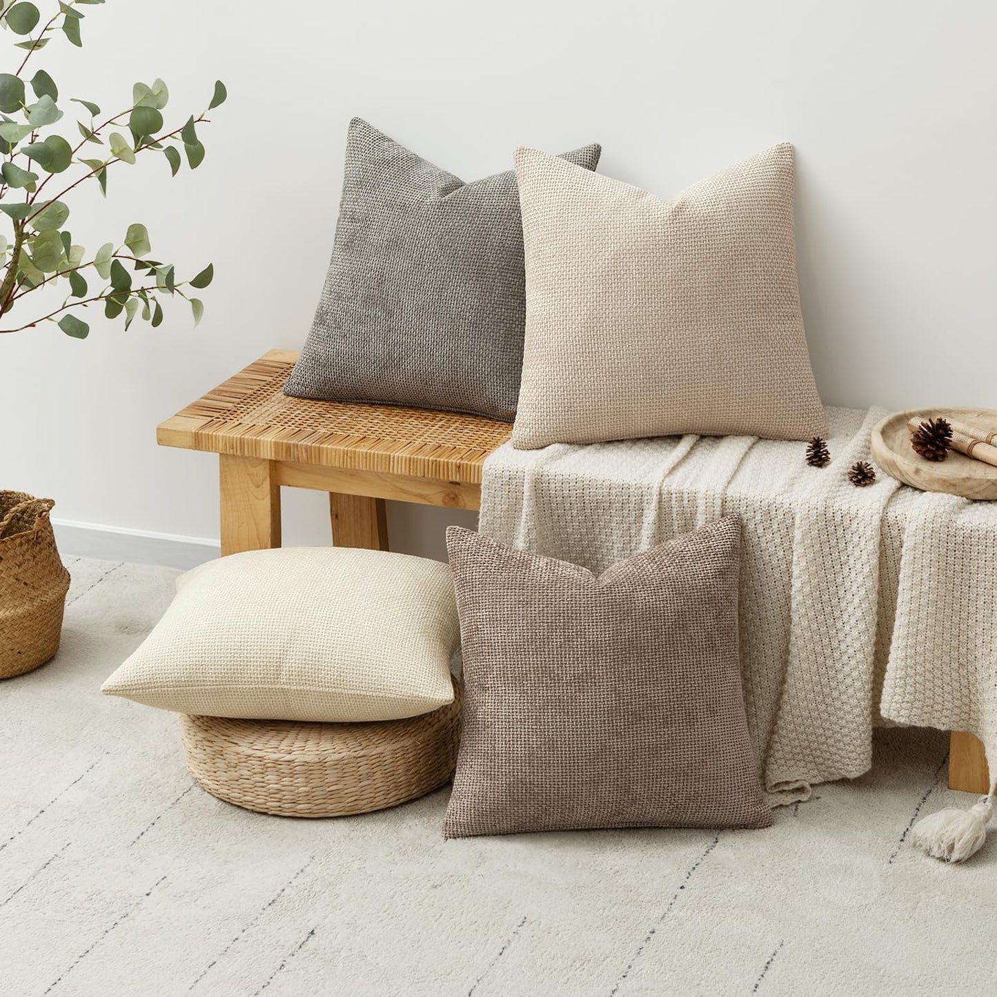 MIULEE Pack of 4 Christmas Couch Throw Pillow Covers 16x16 Inch Neutral Beige/Brown Soft Decorative Chenille Pillow Covers Farmhouse Accent Cushion Covers for Boho Home Decor Sofa Bedroom Living Room