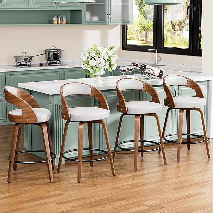 Swivel Bar Stools Set of 2, 26" Counter Height Bar Stools with Bentwood Legs and Back, Mid Century Modern Faux Leather Upholstered Bar Chairs for Kitchen Island, White