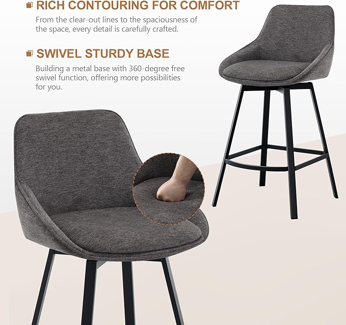 Zesthouse Swivel Counter Height Stools Set of 4, Modern Upholstered Barstools with Backs, 26'' Linen Fabric Counter Height Bar Stools, Metal High Chairs for Island Kitchen, Dark Grey