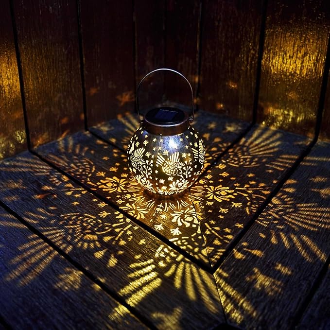 Outdoor Solar Hanging Lantern Lights Metal LED Decorative Lamp for Garden Patio Courtyard Lawn and Table with Hollowed-Out Design (Bronze Hummingbird)