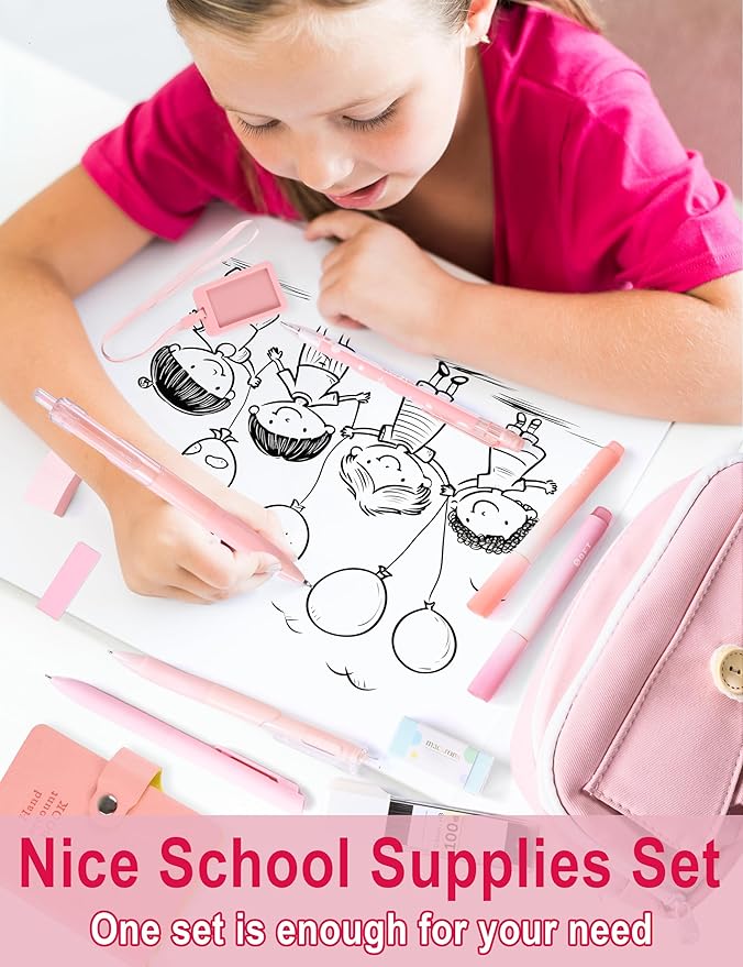 Pink Aesthetic School Supplies Set with 57Pcs Contains all the Daily Use Essentials Stationary for Students In the College