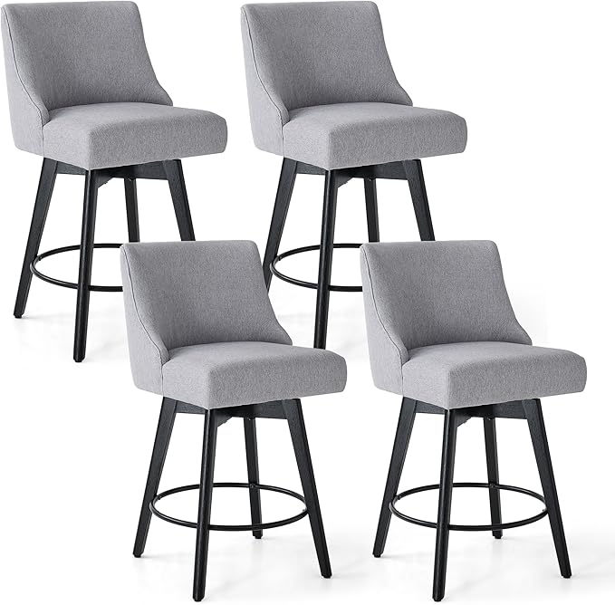 Vipbear Counter Height Bar Stools Set of 4, 26" H Swivel Bar Stools with Backs, Linen Fabric Upholstered Bar Chairs with Solid Wood Legs for Kitchen Island, Dining Room, Home Bar, Light Grey