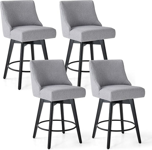 Vipbear Counter Height Bar Stools Set of 4, 26" H Swivel Bar Stools with Backs, Linen Fabric Upholstered Bar Chairs with Solid Wood Legs for Kitchen Island, Dining Room, Home Bar, Light Grey