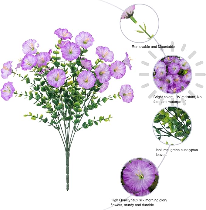 Artificial Flowers Fake Plants for Outdoors Decoration, 12 Bundles Purple Silk Morning Glory with Eucalyptus Realistic UV Resistant Faux Flowers Greenery for Outside Planter Yard Garden Home Indoor