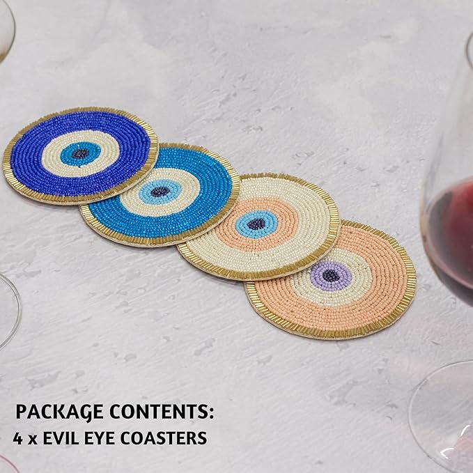 Folkulture Beaded Coasters for Drinks | Set of 4 (4") Round Decorative Bar Coasters for Table Décorations | Cute Boho Coaster Set for Cocktail | Modern Coaster for Coffee Table | Evil Eye Gifts|