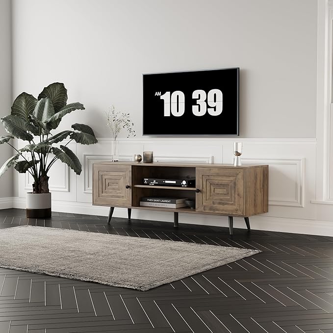 Modern TV Stand with Storage Cabinet, Wood Fashionable TV Cabinet with Waveform Panel and Adjustable Shelf, Entertainment Center TV Stand for TV, Living Room (Rustic Oak