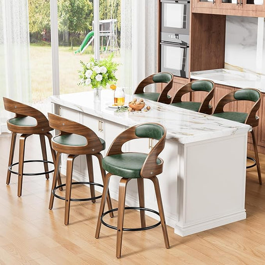 Swivel Bar Stools Set of 6, 26" Upholstered Faux Leather Barstools with Bentwood Legs, Mid Century Modern Counter Height Bar Stools with Back for Kitchen Island, Dining Room, Green