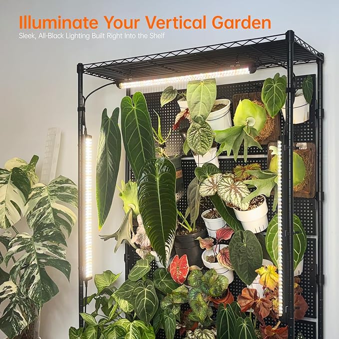 Bstrip Plant Shelf with Grow Light & 4 Pegboard, Metal Plant Stand with Adjustable Rack and Wheels, 4 x 24W Full Spectrum Grow Light Strip for Indoor Plants, Foliage Plants, Seedling, 35.4"x13.8"x71"