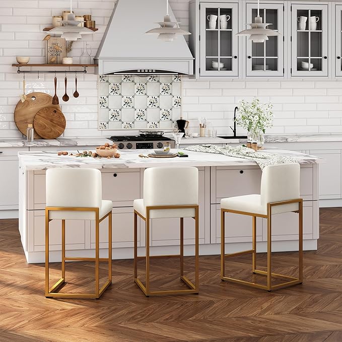 ALPHA HOME 24 Inch Bar Stools Kitchen Counter Stools with Back Pu Leather Counter Chair Counter Height Bar Stools with Upholstered Footrest Sturdy Chromed Metal Steel Frame, White