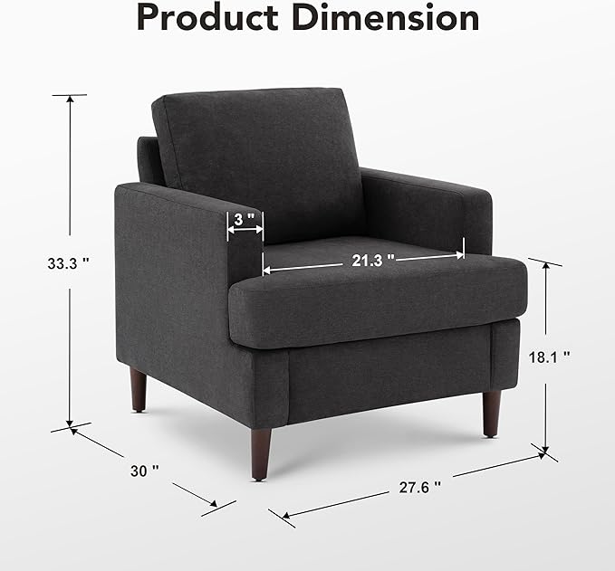 Mid-Century Accent Chair,Modern Linen Fabric Armchair for Living Room,Comfy Upholstered Reading Accent Chairs for Bedroom,Single Sofa Chair with Wood Legs (Dark Grey, 1 Pack)