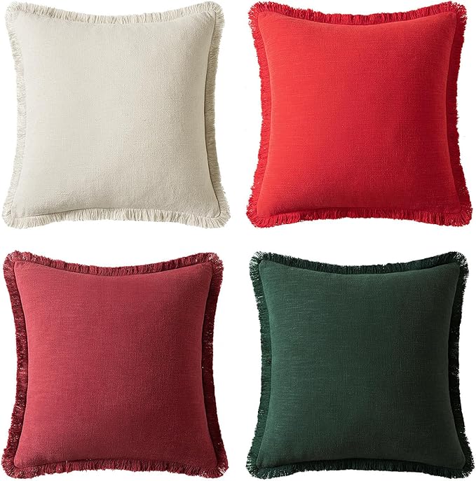 MIULEE Linen Pillow Covers 20x20 Inch Decorative Throw Pillows with Fringe Pack of 4 Soft Farmhouse Boho Couch Pillows Home Decors for Sofa Cushion Living Room Bed Dark Green and Red