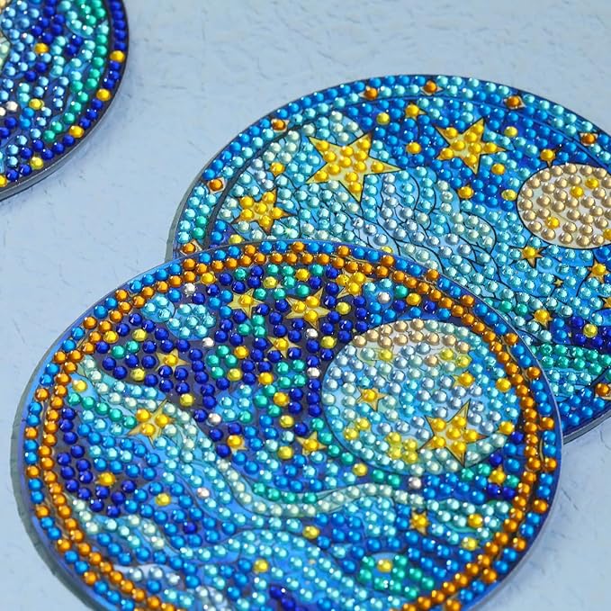 8 PCS Moon Diamond Art Coasters Kits, Diamond Painting Coasters with Holder Set of 8, DIY Drink Coasters Art Crafts Supplies for Adults Cup Mat for Home Decor House Warming Gifts Non-Slip 3.9inch