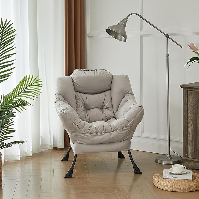 HollyHOME Modern Large Cotton Fabric Lazy Chair，Accent Contemporary Lounge Chair, Single Steel Frame Leisure Sofa Chair with Armrests and A Side Pocket, Grey