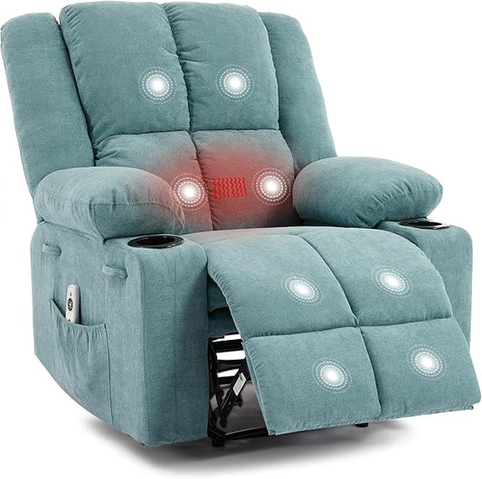 Manual Recliner Chair with Heating & Massage,Ergonomic Overstuffed Breathable Fabric Reclining Chair with Side Pockets,Q235 Steel Frame Lazy Boy Recliner Single Sofa for Living Room Bedroom