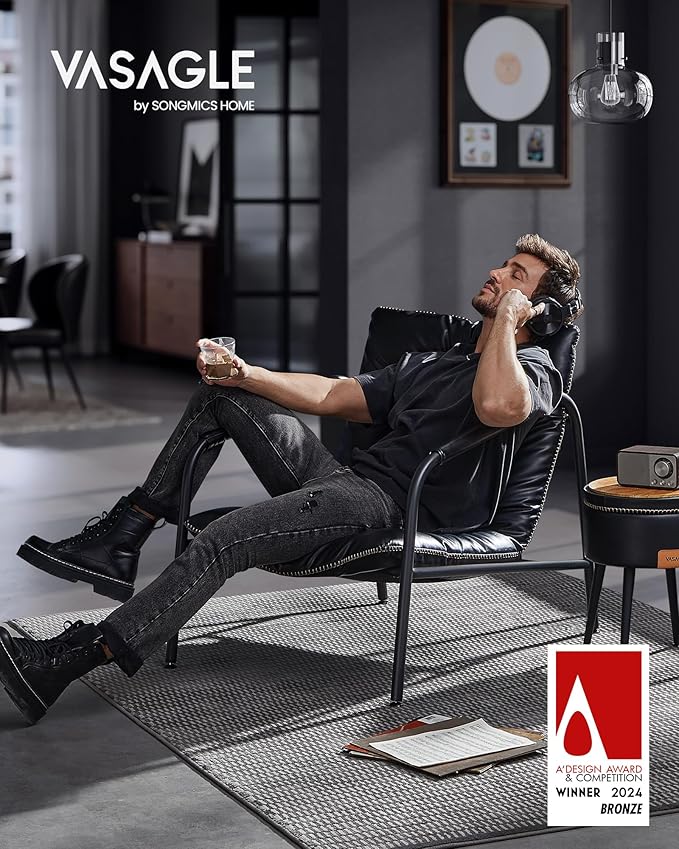 VASAGLE EKHO Collection - Accent Chair, Metal Framed Armchair, Synthetic Leather with Stitching, Mid-Century Modern, Sling Chair for Living, Bedroom, Reading Room, Lounge, Ink Black ULAC014B01