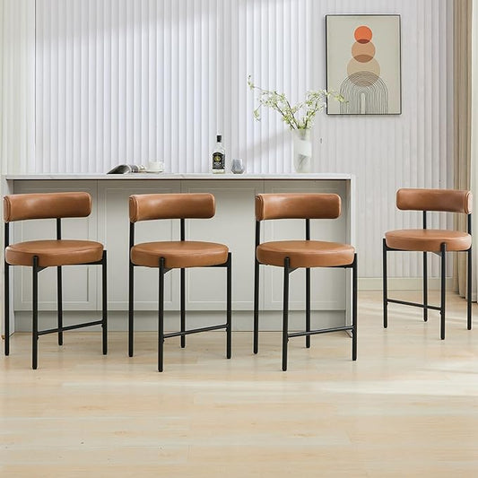 24'' Faux Leather Bar Stools Set of 4, Counter Height Bar Stools for Kitchen Island, Brown Upholstered Counter Chairs