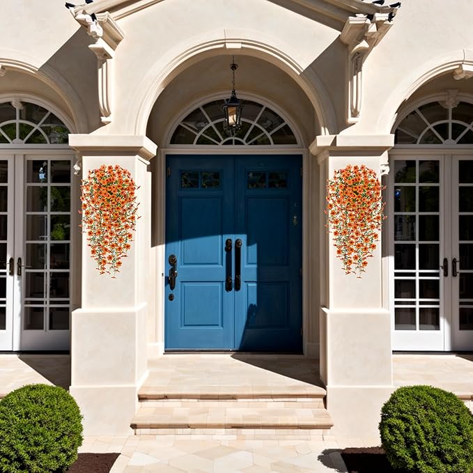 Fake Mums Artificial Hanging Flowers for Outdoor Fall Decoration, 2 PCS Silk Daisy Flower Realistic Faux Plants UV Resistant for Porch Patio Window Yard Outside Autumn Decor(Orange)