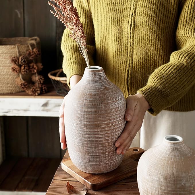 2024 Updated ALMA 9-in Tall Flower Vase Terracotta, Rustic Ceramic Vase for Pampas Grass|Farmhouse Decorative Vase in Boho Home Decor, Room, Shelf, Mantle Decor