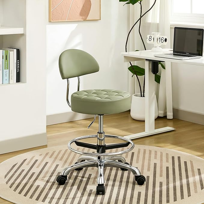Rolling Stools with Wheels (Faux Leather Makeup Stool) (Quiet Wheels and Aluminum Base) Adjustable Barber Chair 20-27 inch (Green)