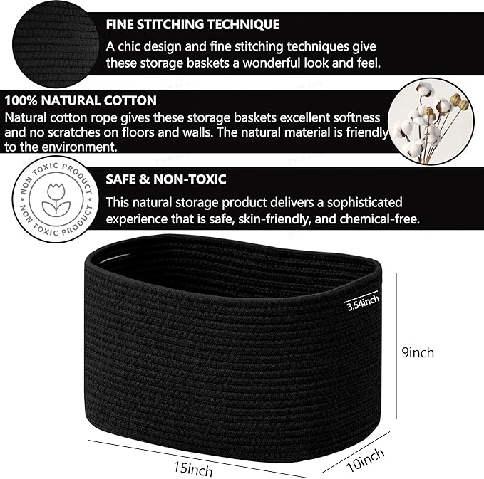 UBBCARE 3-Pack Woven Rope Shelf Baskets - 15x10x9in Decorative Storage Basket for Toys, Kids Playroom, Closet Organization & Cube Storage Organizer | Gift Basket Empty, Black