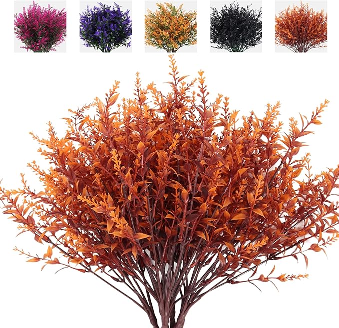 RECUTMS Outdoor Faux Plants Fall Fake Lavender Plants UV Resistant Artificial Greenery Artificial Flowers Indoor 8Pcs Fake Outside Flowers for Balcony Window Garden Thanksgiving Decorations (Brown)