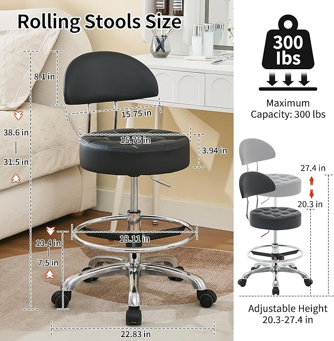 Salon Stool with Back Support (Sturdy Aluminum Base) (Lash Chair with Quiet Wheels and Foot Rest) Black Leather Vanity Chair (Black)
