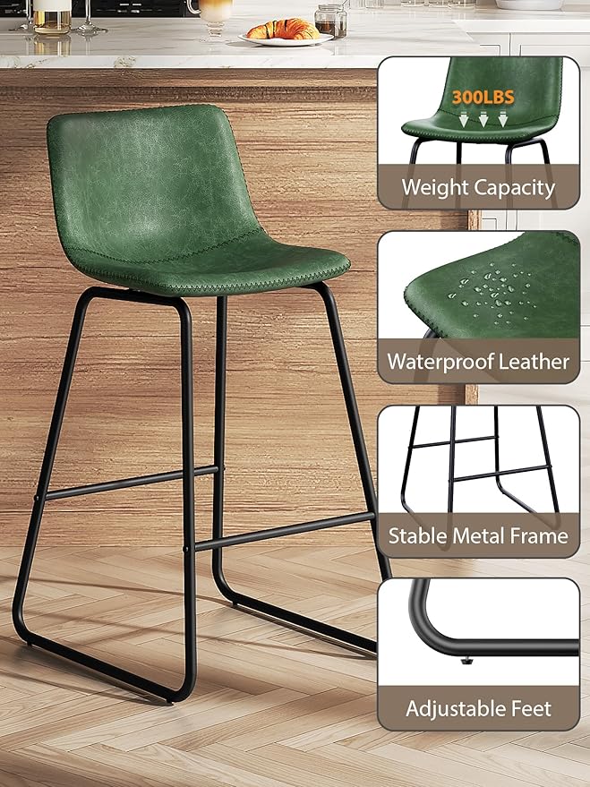 Bar Stools Set of 2, 26 Inches Counter Height Bar Stools with Back, Modern Faux Leather Barstools with Metal Legs and Footrest, Bar Chairs for Kitchens Island (Green)