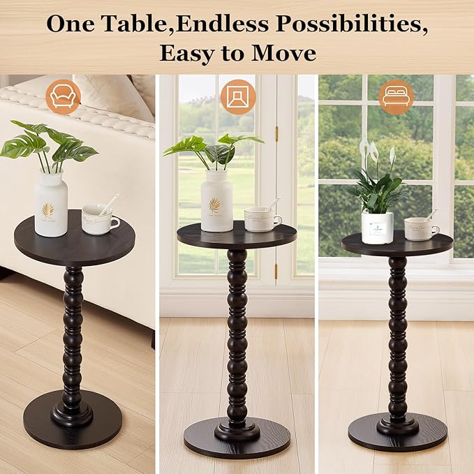 Round Side Table,Stable Small Drink Table for Small Spaces, Modern Accent Side Table with Solid Rubber Wood Table Leg,Easy Assembly for Living Room, Bedroom, Sofa & Office Corners-Black