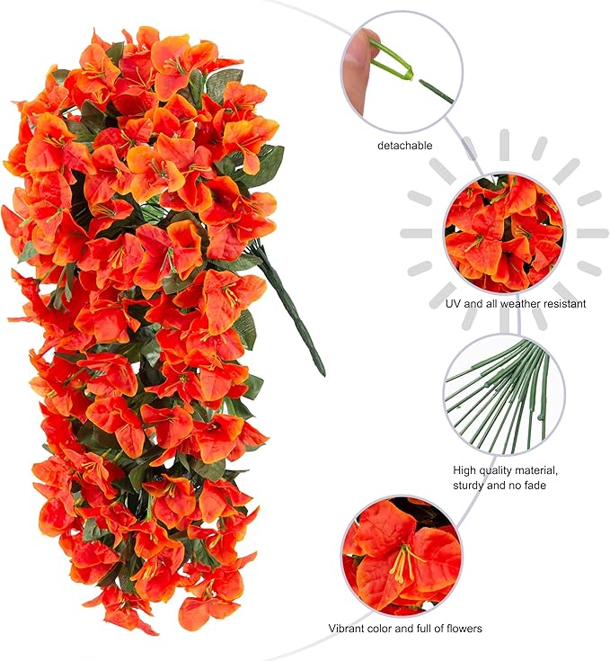 Bougainvillea Artificial Fall Hanging Flowers Plants for Outdoors Autumn Decoration, 2pcs Faux Bougainvillea Vines Orange Fake Flowers Realistic UV Resistant Silk Flowers for Outside Planter Yard Home