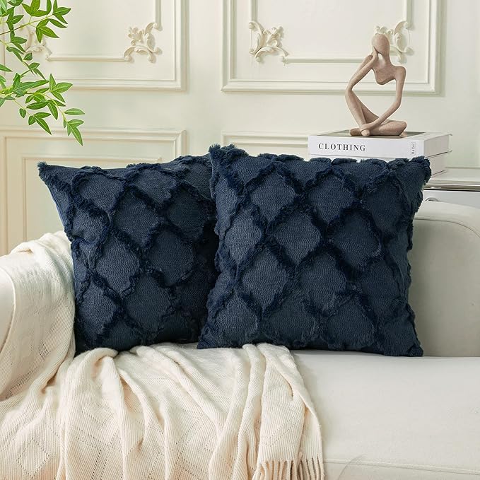 Set of 2 Soft Moroccan Throw Pillow Covers 20x20 Inch Plush Boho Decorative Pillow Cover Accent Cushion Case for Couch Sofa Bed, Navy Blue