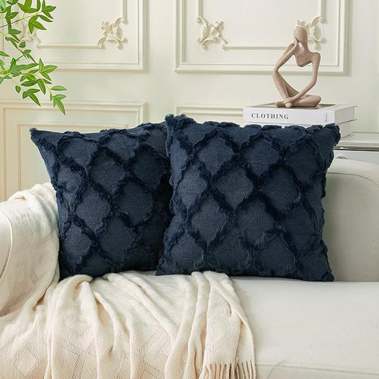 Set of 2 Soft Moroccan Throw Pillow Covers 20x20 Inch Plush Boho Decorative Pillow Cover Accent Cushion Case for Couch Sofa Bed, Navy Blue