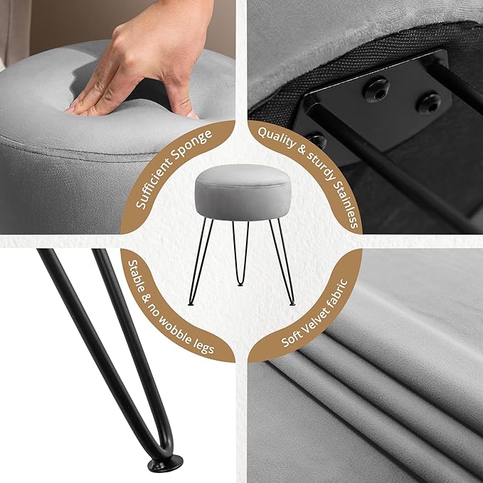 LUE BONA Vanity Stool, Gray Vanity Stools for Makeup Room, Round Ottoman Foot Stool, Velvet Footrest Vanity Chair for Bathroom Vanity, Bedroom, Living Room, Entryway, Offices