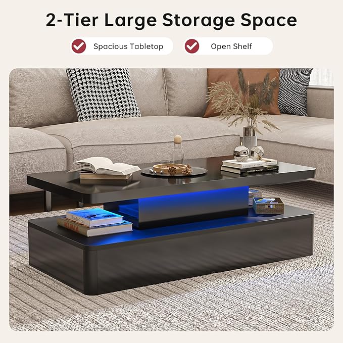 oneinmil Modern LED Coffee Table, 47" Living Room Tables with Double-Layer Design, 16 Colors LED Lights, Stylish Coffee Tables for Living Room, Home, Office, Black