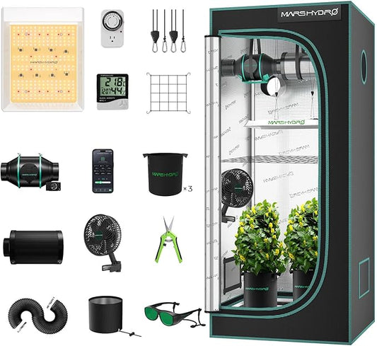 MARS HYDRO 2x2 Grow Tent Kit Complete System with 10 Speed Clip Fan,100W TS600 LED Full Spectrum Grow Light,24"x24"x55" 1680D High Reflective Mylar Grow Tent,4 inch 205 CFM Smart Ventilation System