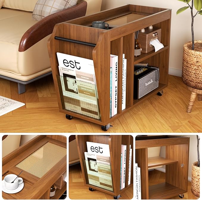 Movable End Table with Brakeable Wheels, Sofa Side Table with Magazine Holder, Removable Layer Board & Storage Compartments - Nightstand, Narrow Side Table, Bedside Table, Living Room, Bedroom (Brown)