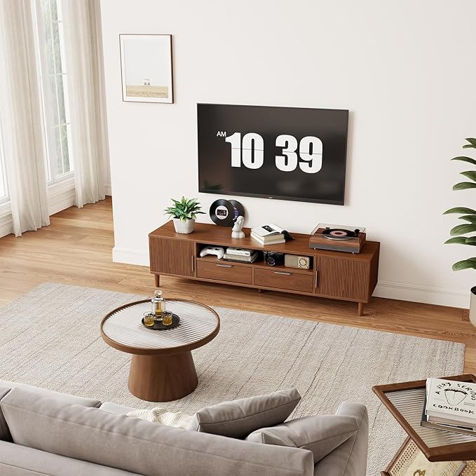 Mid Century Modern TV Stand for TVs Up to 65 in- Wooden Fluted Entertainment Center Low Profile TV Console with Cabinet, Drawers and Shelf, Media Console for Living Room