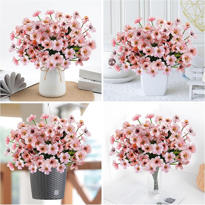 Krissing 48 Bundles Outdoor Artificial Flowers UV Resistant Fake Silk Flowers Faux Plastic Plants Outside Garden Porch Window Box Summer Decoration (Pink)