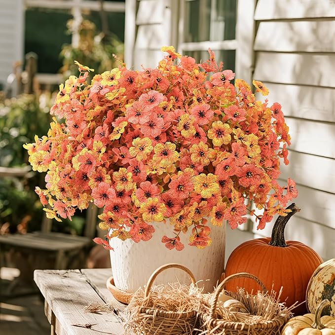 SHareconn 24 Bundles Artificial Fall Flowers for Outdoors Decoration, UV Resistant Silk Eucalyptus Lavender Faux Autumn Fake Plants for Outside Indoor Garden Yard Porch Home Decor, Autumn Orange-Red