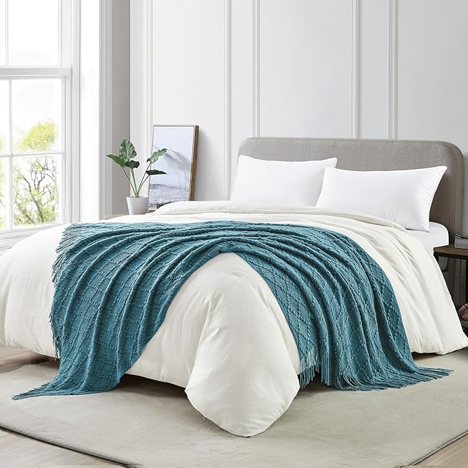 BOURINA Teal Throw Blanket 50 x70 Inches Jacquard Argyle Throw Textured Solid Soft Throws and Blankets for Sofa or Bed Knitted Decorative Blanket