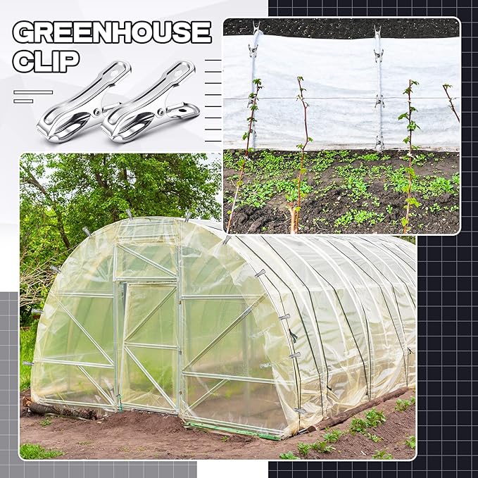 Raiten 100 Pcs Garden Clips Stainless Steel Greenhouse Clamps Heavy Duty Clips Have a Strong Grip to Hold Down The Shade Cloth or Plant Cover on Garden Hoops or Greenhouse Hoops and Netting Holding