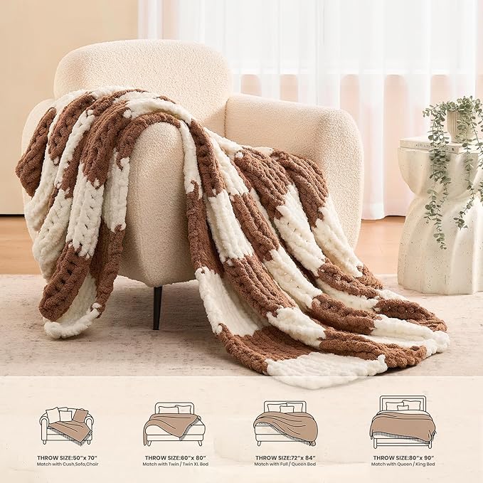 L'AGRATY Chunky Knit Blanket Throw: 60''x80'' Chenille Chunky Knitted Throw Blankets for Twin Bed Couch - Handmade Thick Cable Knit Blanket - Large Crochet Blankets for Home Decor(Brown Checkered)
