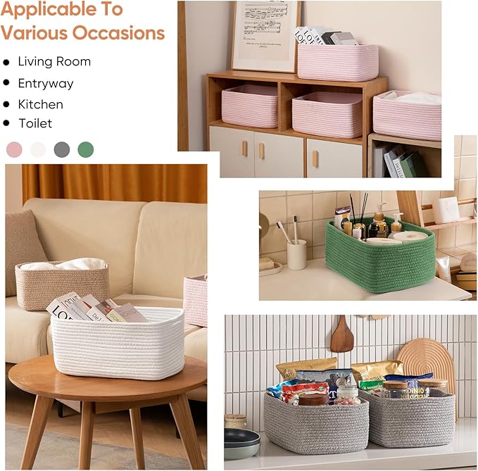 OIAHOMY 4 Pack 14.17*11.02*6.3IN Storage Baskets for Organizing Shelves, Woven Rope Baskets for Organizing Books, Clothes, Decorative Basket for Living Room, Nursery, Bedroom, Gift Basket, Green