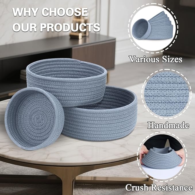 Small Shelf Storage Baskets for Organizing, 6 Pack Round Cotton Rope Bins, Decorative and Cute Woven Baskets for Bedroom and Closet, Key Tray Bowl, Home Decor Countertop Organizer (Blue)