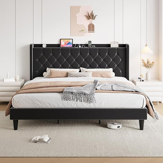 SHA CERLIN King Size Platform Bed Frame with Charging Station, Velvet Wingback Headboard with Storage Shelf, Wooden Slats Support, Ample Under-Bed Space, No Box Spring Needed, Easy Assembly, Black