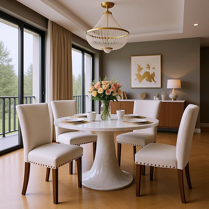 Set of 2 Beige Upholstered Dining Chairs – Farmhouse Kitchen Chairs with High Back, Solid Rubberwood Legs, Padded Foam Seat & Bronze Nailhead Trim, Comfortable Dining Room Chairs for Home, Living Room