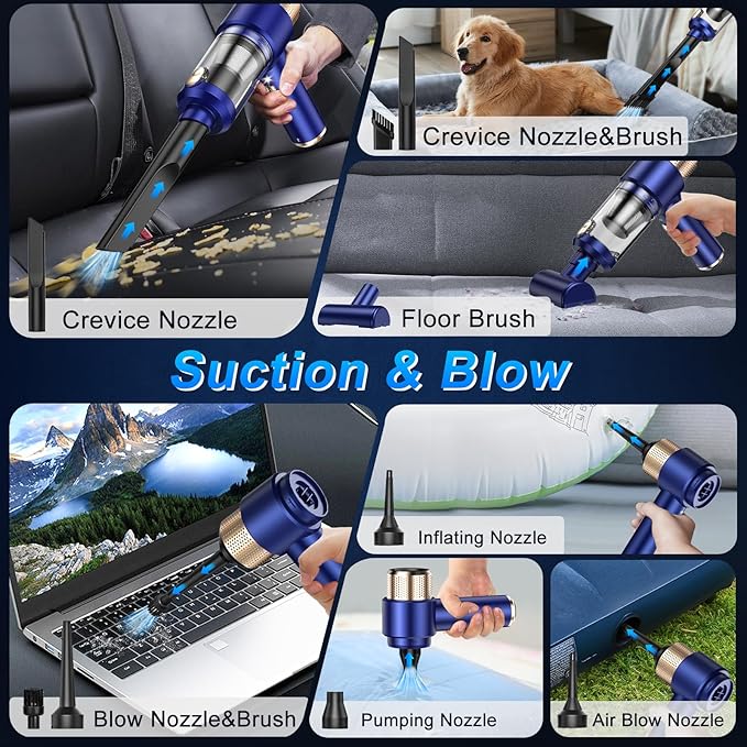 Mini Vacuum Cleaner, 15000PA Car Vacuum Cleaner Portable Cordless with LED Light, 4 in 1 Air Duster and Handheld Small Vacuum Rechargeable for Car, Home, Office, Pet（Blue）