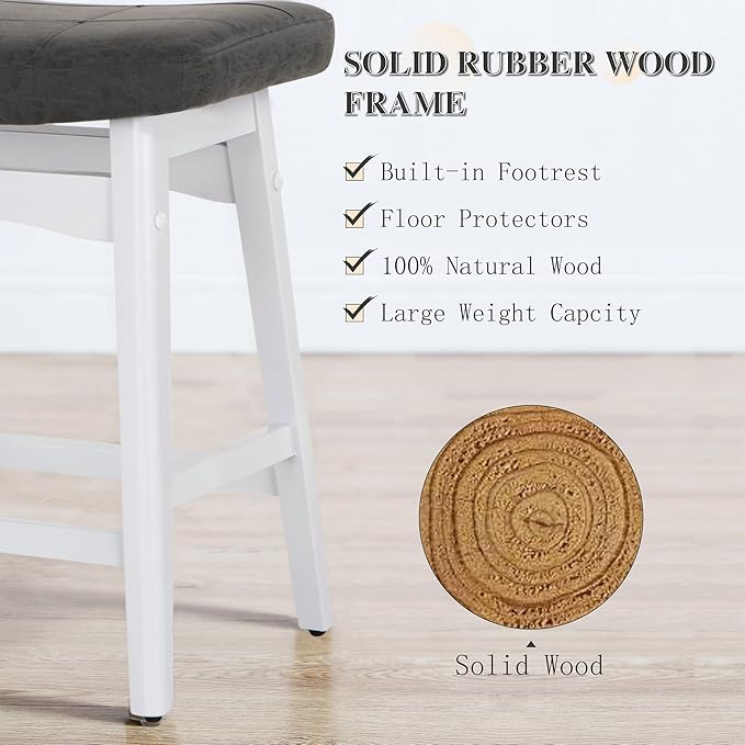 PHI VILLA Counter Height Bar Stools Set of 4 - Farmhouse Barstools with Upholstered Saddle Seat and Solid Wood Legs, Kitchen Counter Island Stools